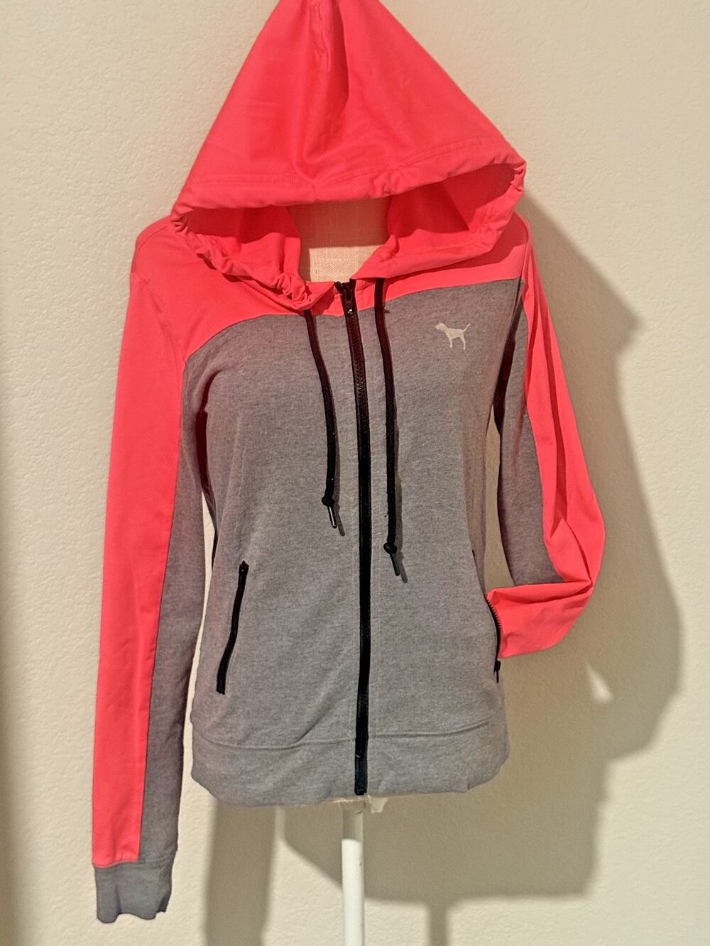 Victoria’s Secret PINK Womens SP Gray Coral Full Zip Hoodie Jacket Dog Logo Y2K